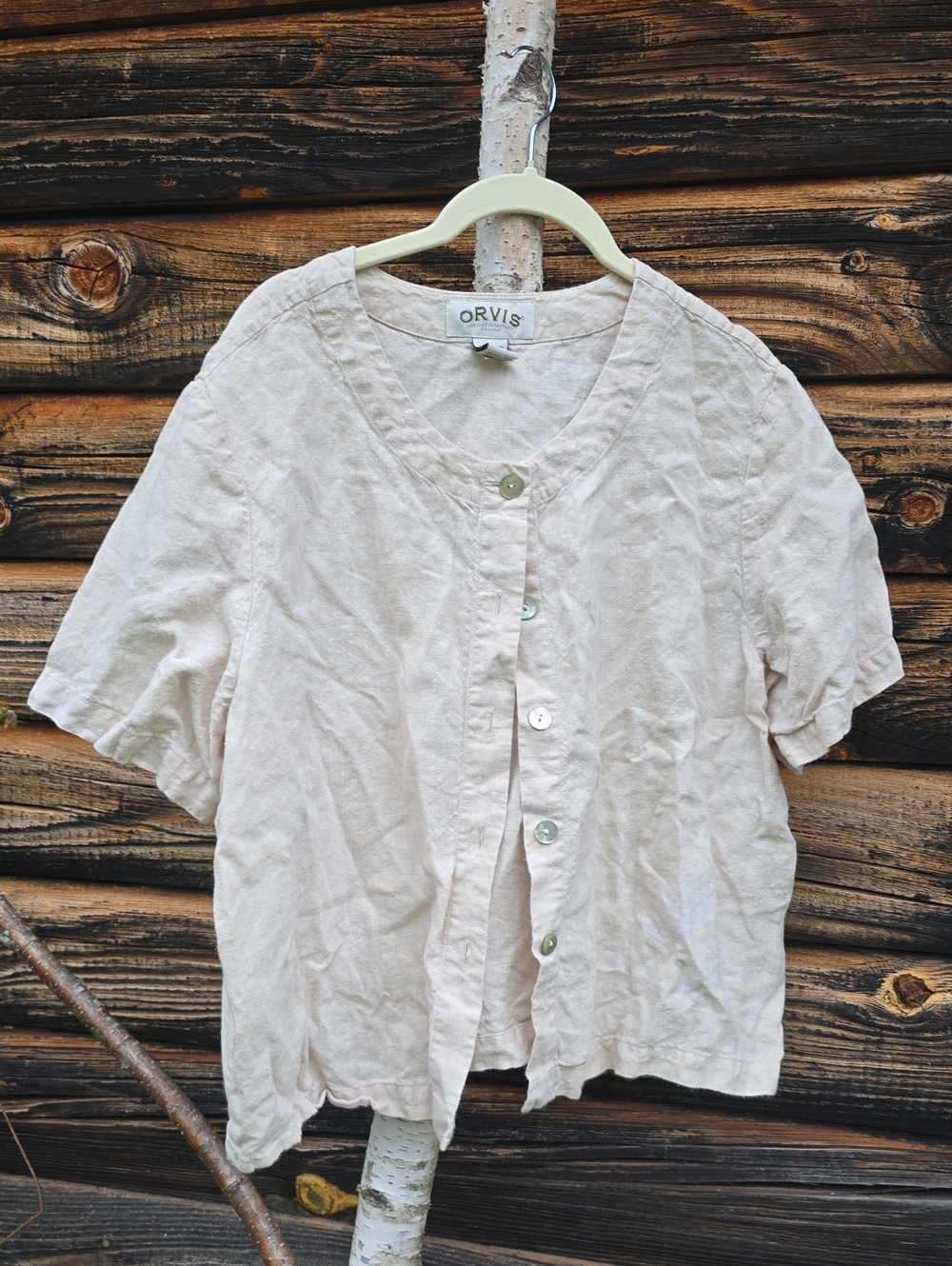 Orvis Boxy Linen Button Down Shirt Lagenlook Beige Neutral XL